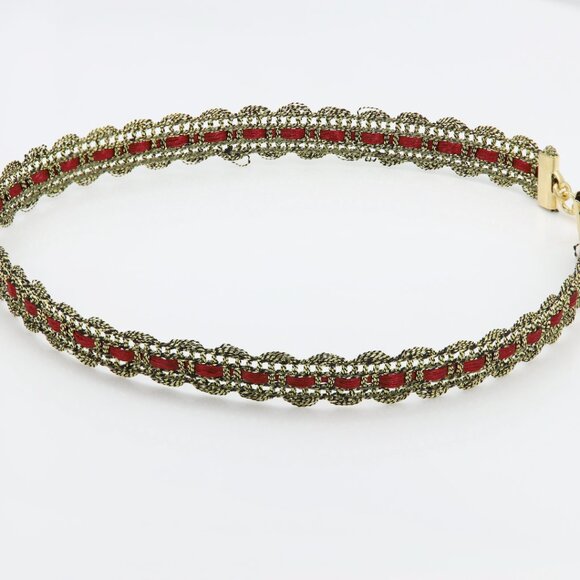 Gold Tone Lace Choker - Adjustable Choker 12.5' - 15' inch Red and Gold choker - Picture 6 of 11